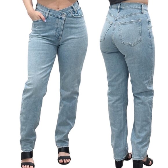 Abercrombie & Fitch The Dad High Rise Criss-Cross Waistband Jeans in Light Wash - Picture 1 of 15